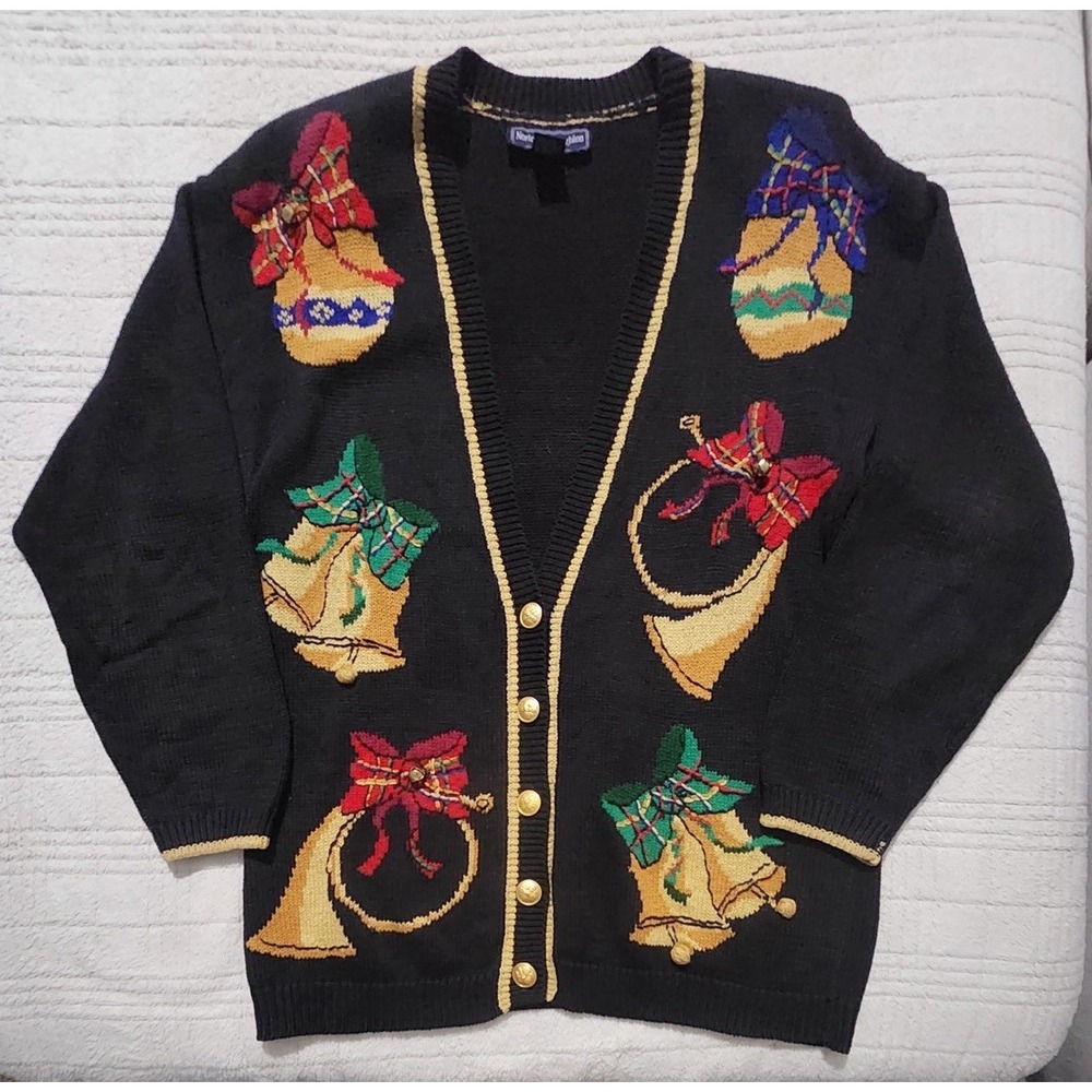 Norton McNaughton Vtg Cardigan Womens Christmas Bells Open Knit 90s Holiday Sz.M